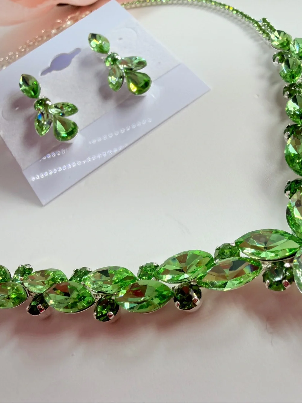 Green Crystal Teardrop Necklace and Earring Set